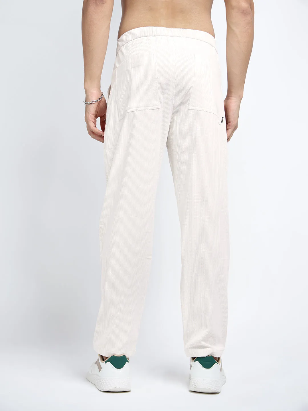 Weekend Adventure Men's Corduroy Off White Regular Fit Trousers with attached Belt
