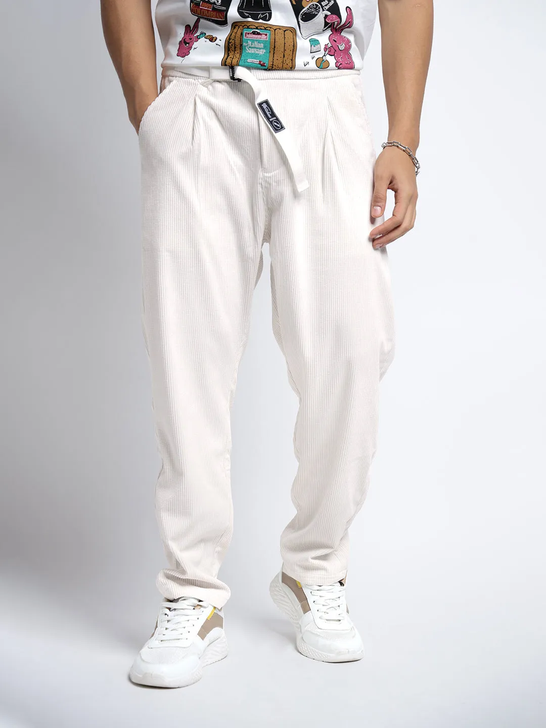 Men's Corduroy Off White Regular Fit Trousers with attached Belt Quick Fit Design Loose cut