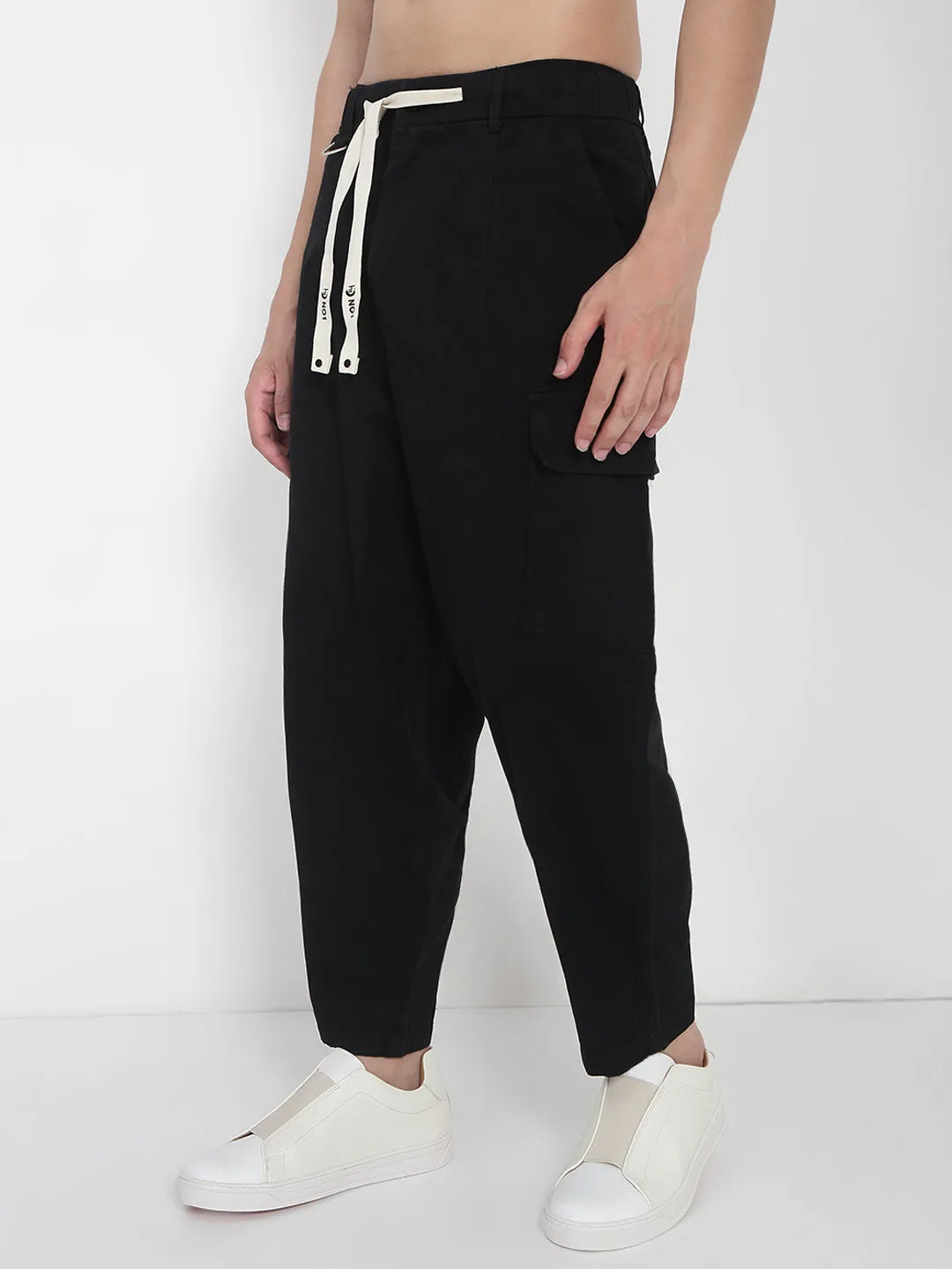 Men's Cotton Black Cargo Trousers DoubleLayeredKnees