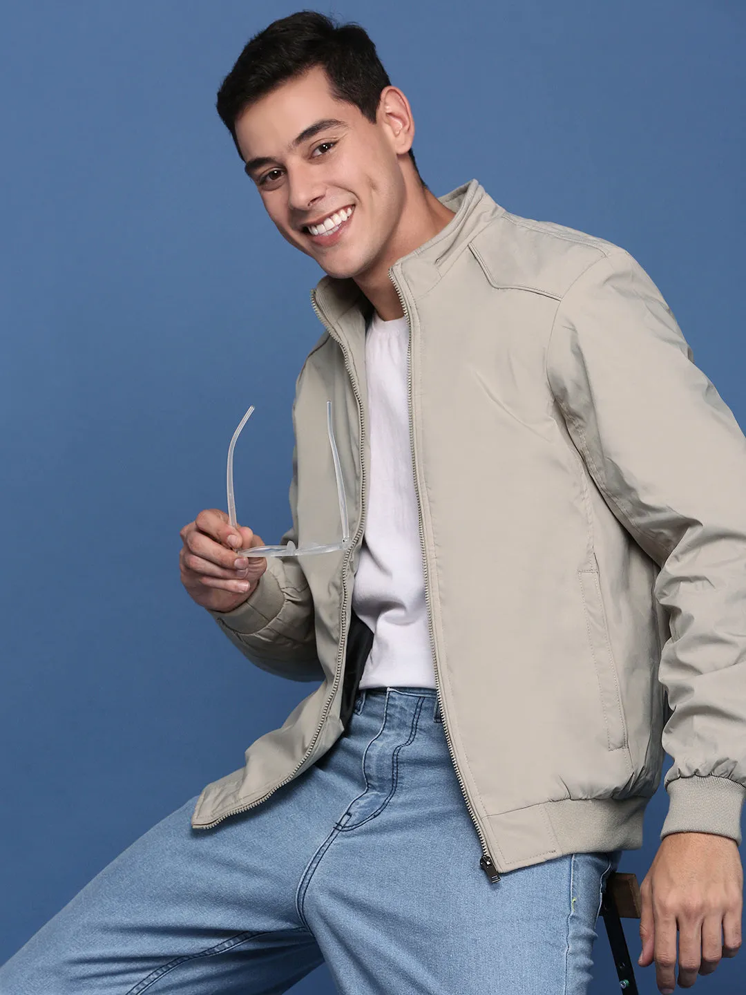 Men's Cream Mandarin Collar Solid Windcheater Bomber Jacket Anti Pilling Finish