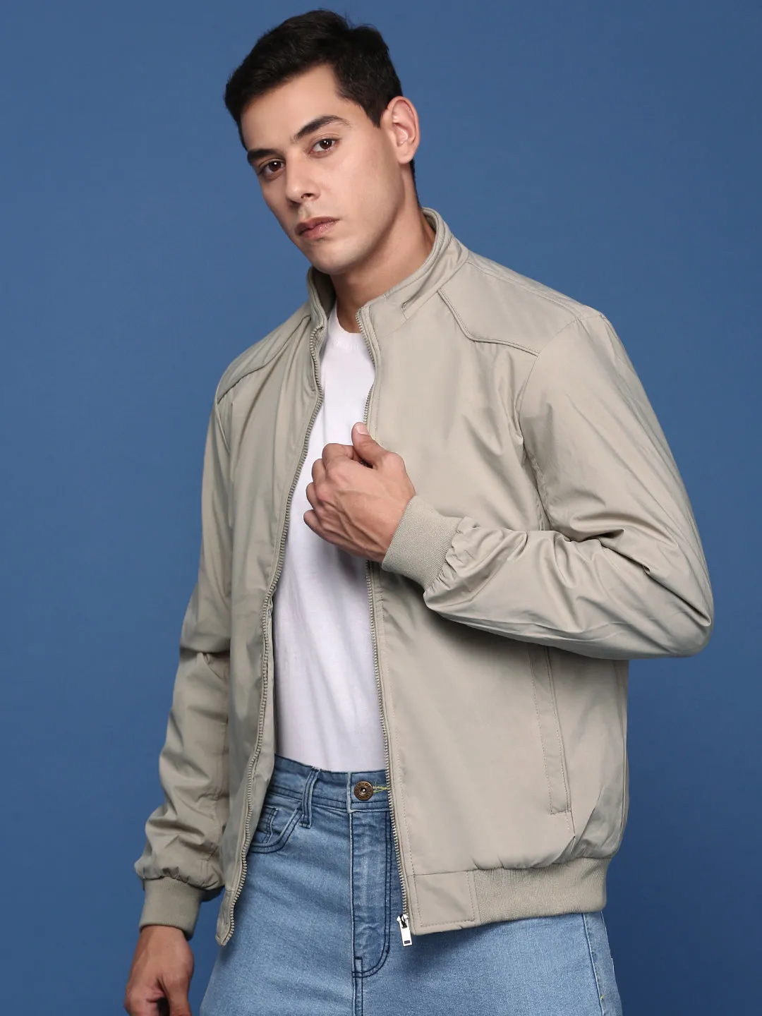 Men's Cream Mandarin Collar Solid Windcheater Bomber Jacket Ventilation Vents Comfy Essentials