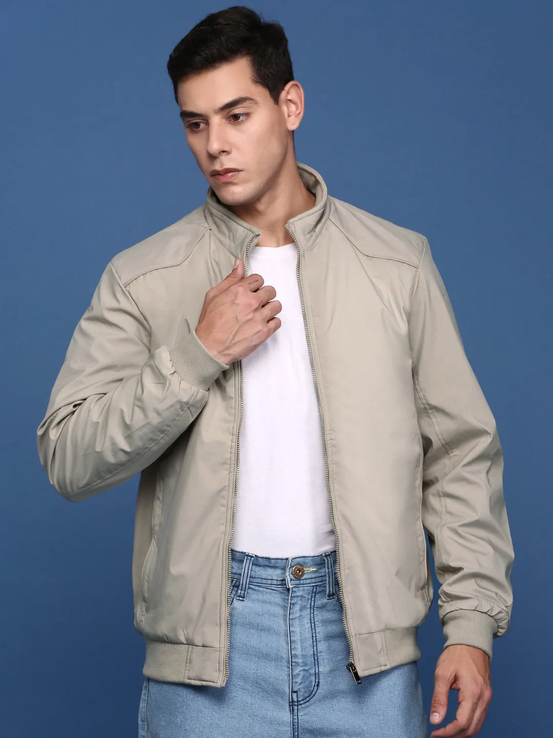 Men's Cream Mandarin Collar Solid Windcheater Bomber Jacket City Ready abrasion resistant coating
