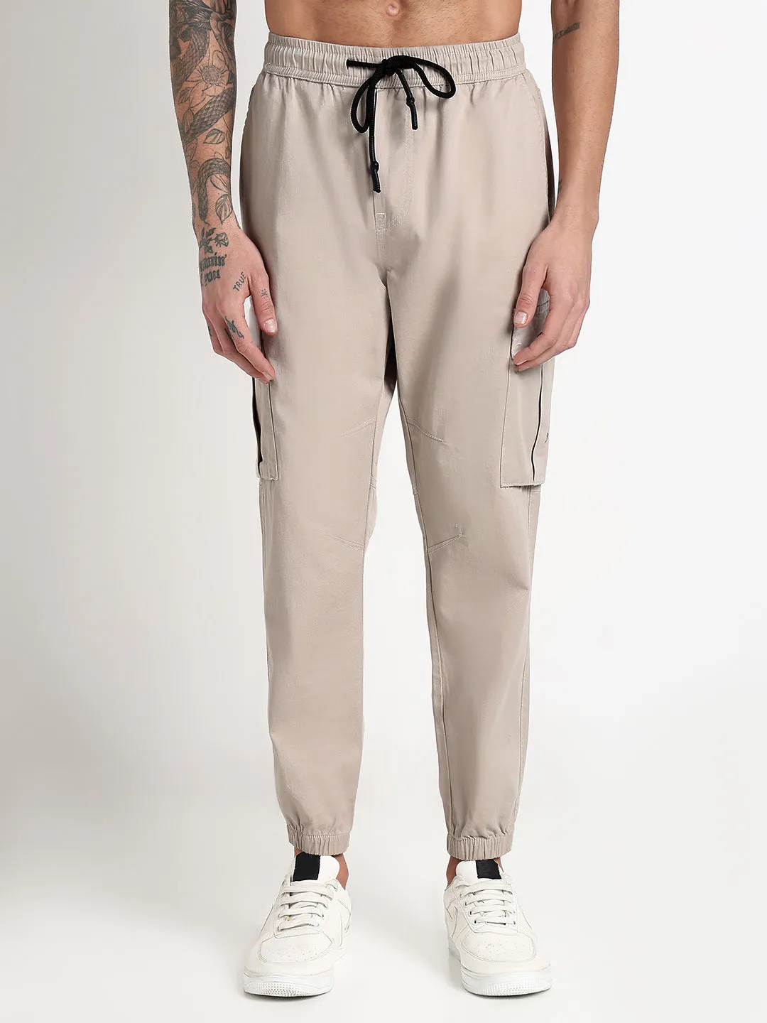 Sporty Fit Design Perfect Length Men's Cream Solid Cargo Joggers