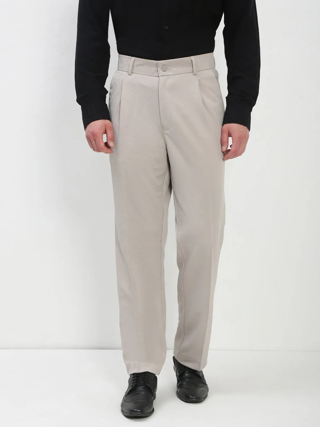 Men's Cream Solid Formal Trousers Smart Layer Anti Pilling Textile