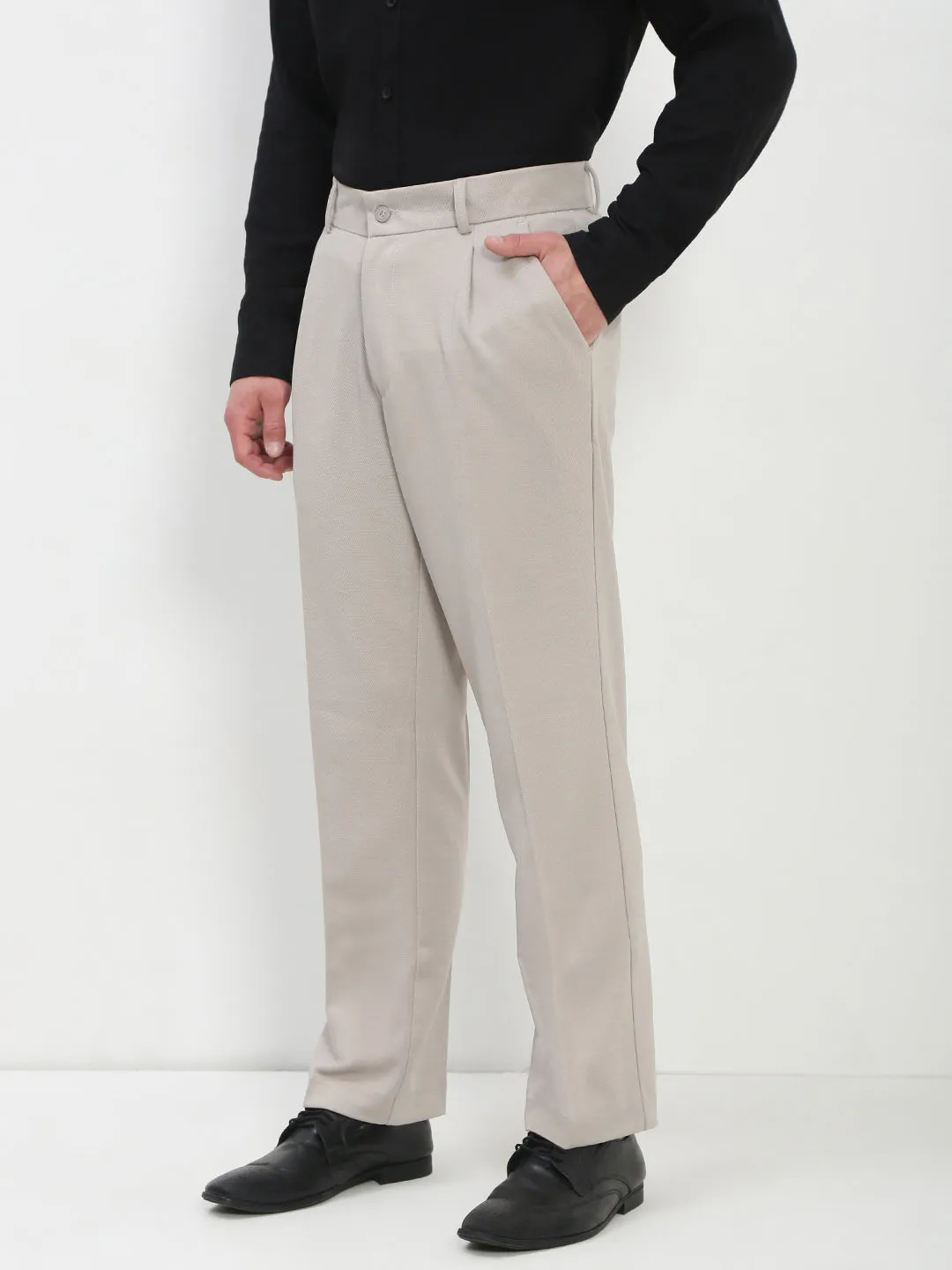 Multi Pocket Configuration Men's Cream Solid Formal Trousers