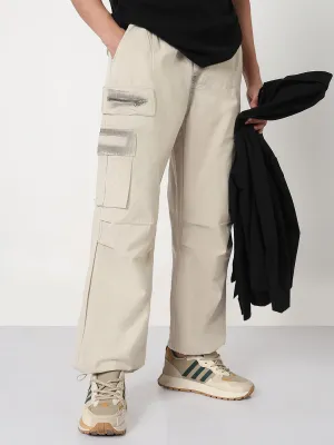 Smart Style FourWayStretch Men's Cream Solid Straight Fit Parachute Cargo Trousers