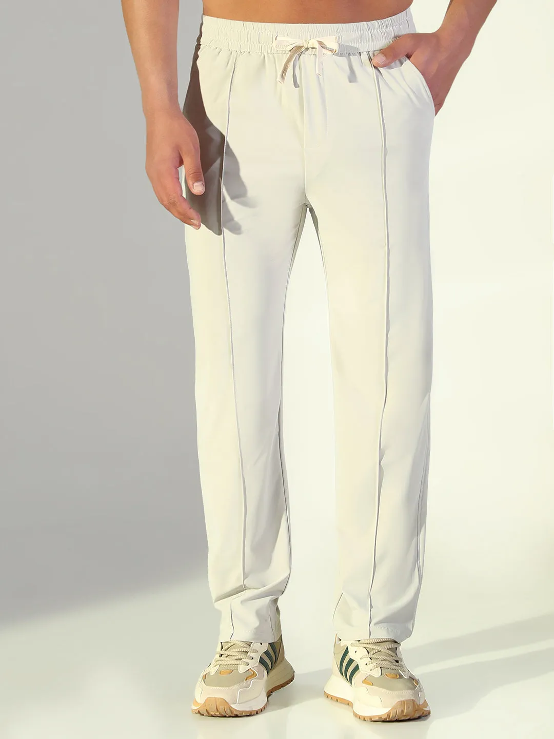 Men's Cream Solid Straight Fit Trousers Roomy Shape