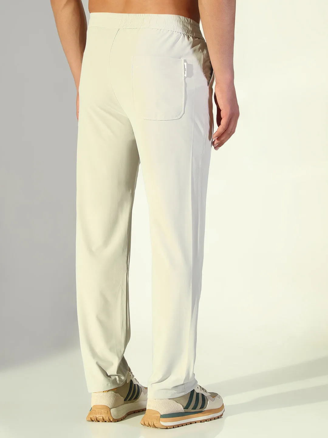 Layered Style Slimline Fit Men's Cream Solid Straight Fit Trousers