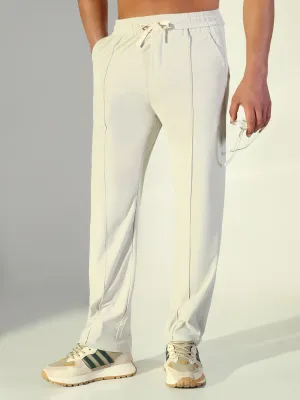Men's Cream Solid Straight Fit Trousers Relaxed Waist