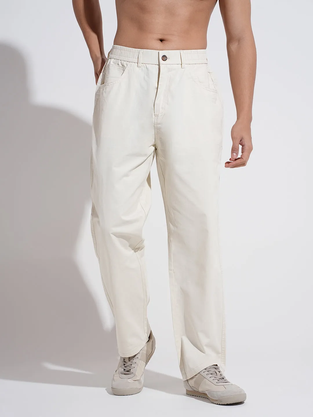 Breathable Comfort Fit All-day Comfort Men's Cream Straight Fit Trousers