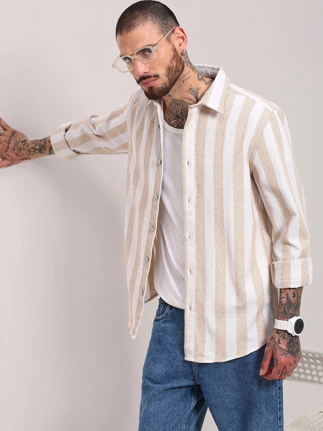 Men's Cream Vertical Striped Relaxed Fit Shacket Men's masculinity Perfect for Any Outfit