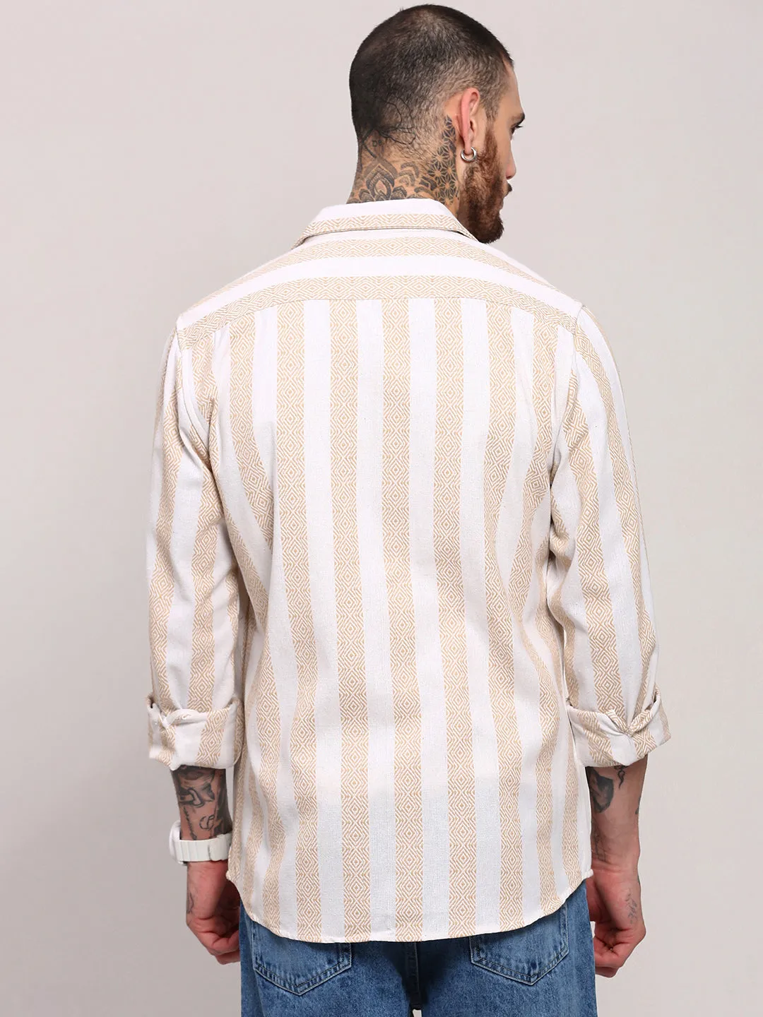 Men's Cream Vertical Striped Relaxed Fit Shacket Breathable Cotton Fabric Chic Look