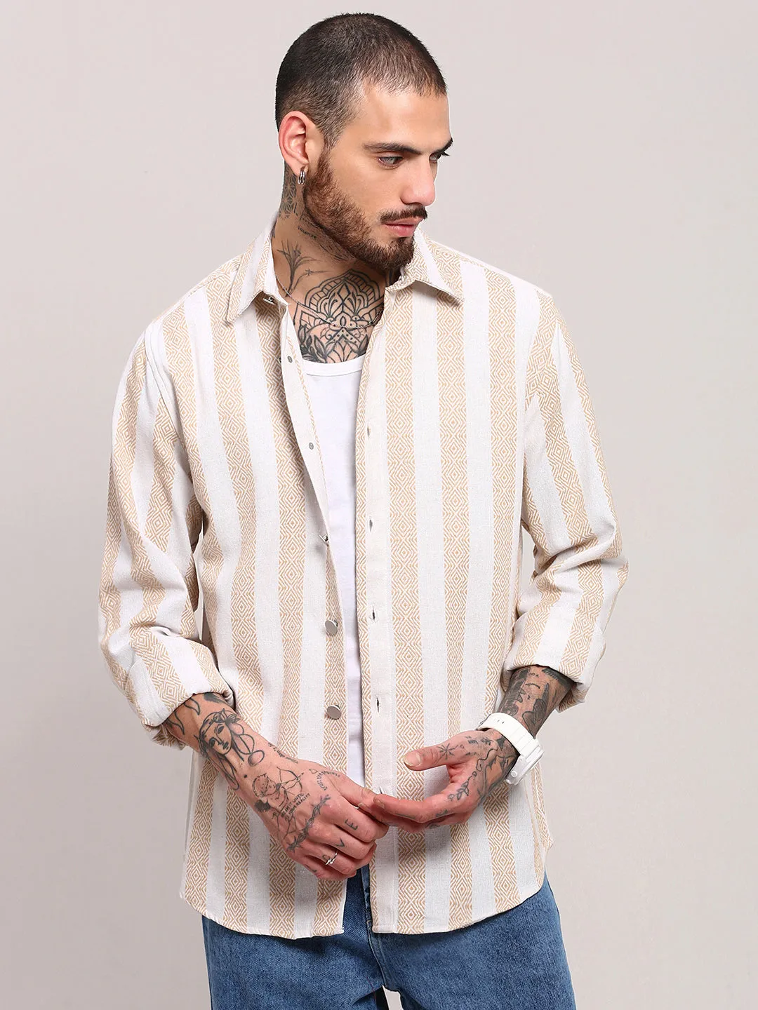 Layered Collar Structure Men's Cream Vertical Striped Relaxed Fit Shacket