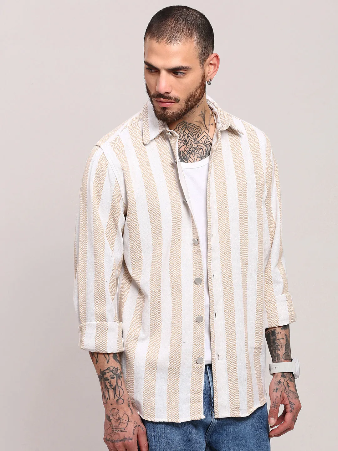 Men's Cream Vertical Striped Relaxed Fit Shacket No-Shrink Fabric