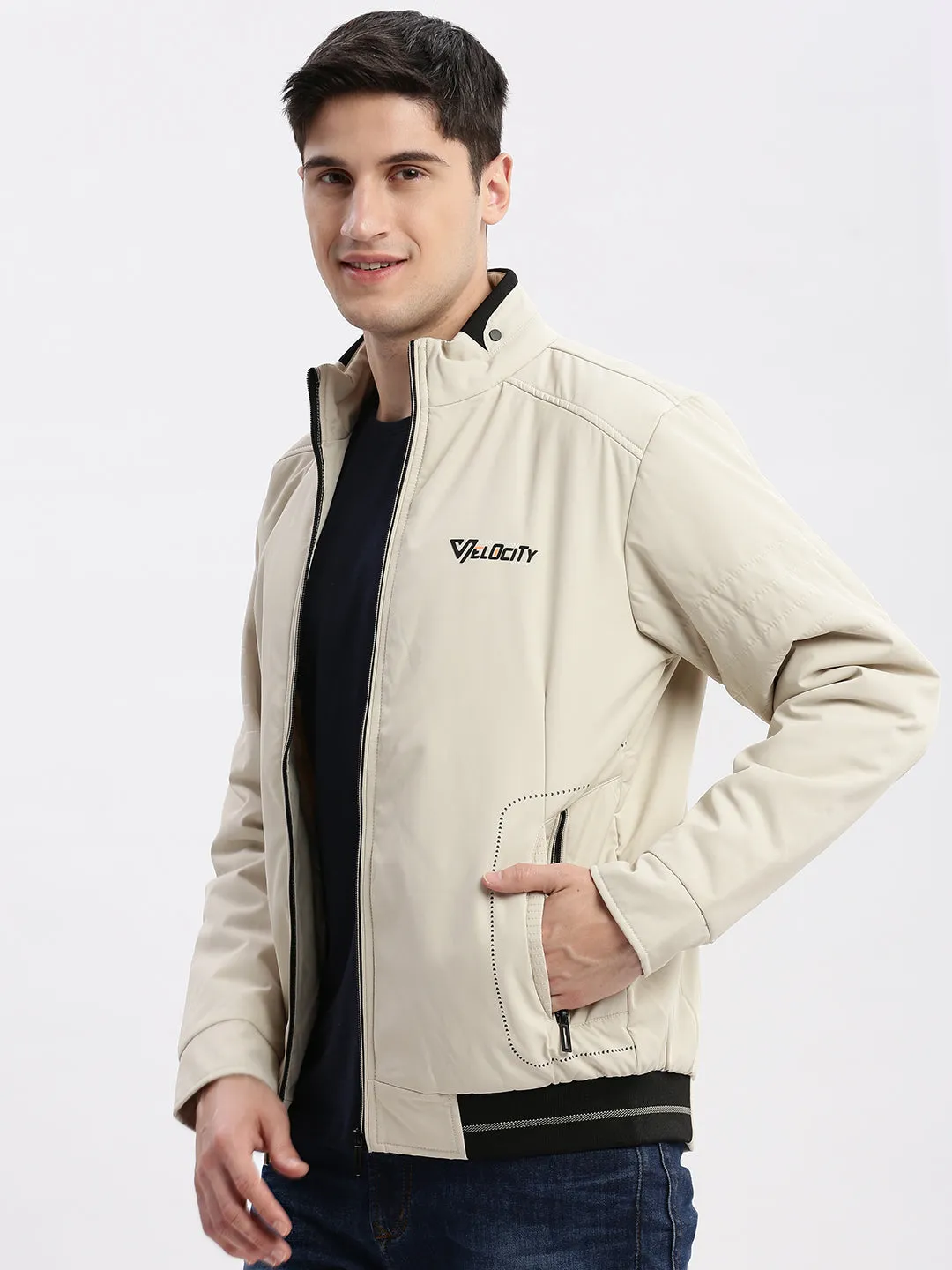 TapedSeamConstruction Quick Release Fasteners Men's Cream Windcheater Mock Collar Bomber Jacket