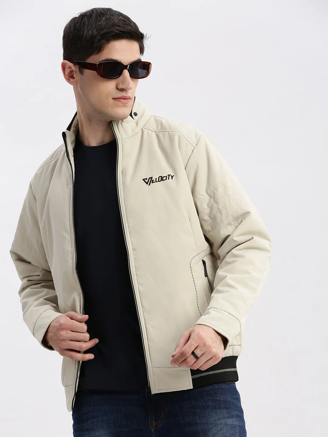 Men's Cream Windcheater Mock Collar Bomber Jacket Insulated Design Anti Snag Fabric