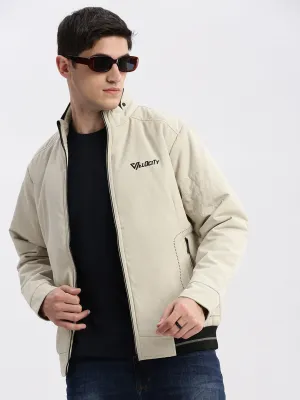 Men's Cream Windcheater Mock Collar Bomber Jacket Insulated Design Anti Snag Fabric