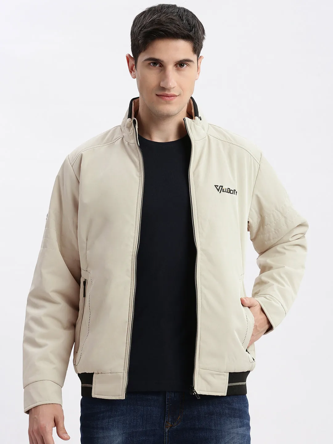 Men's Cream Windcheater Mock Collar Bomber Jacket Travel Ready Look