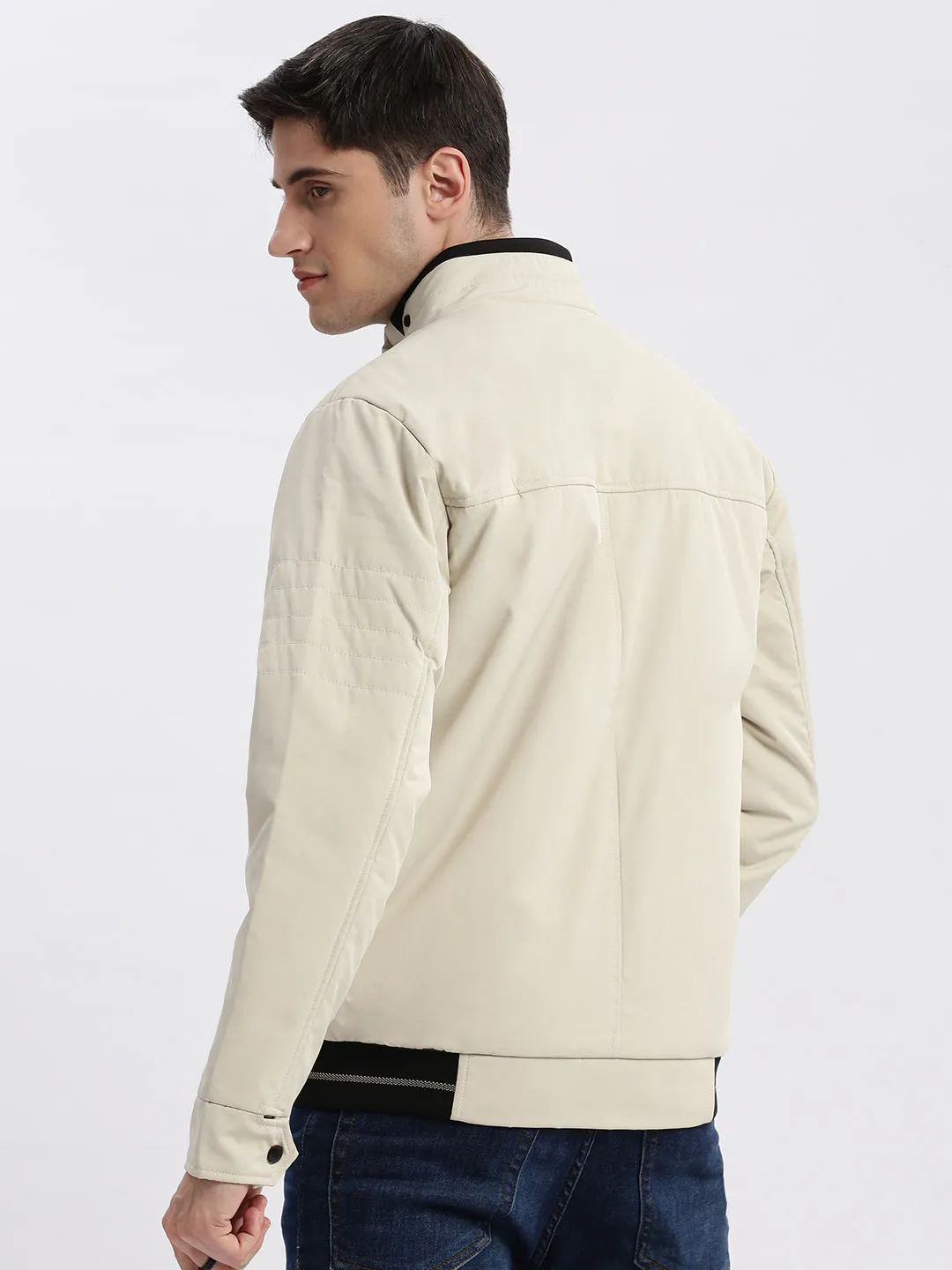 Collar Stabilization System nylon blend Men's Cream Windcheater Mock Collar Bomber Jacket
