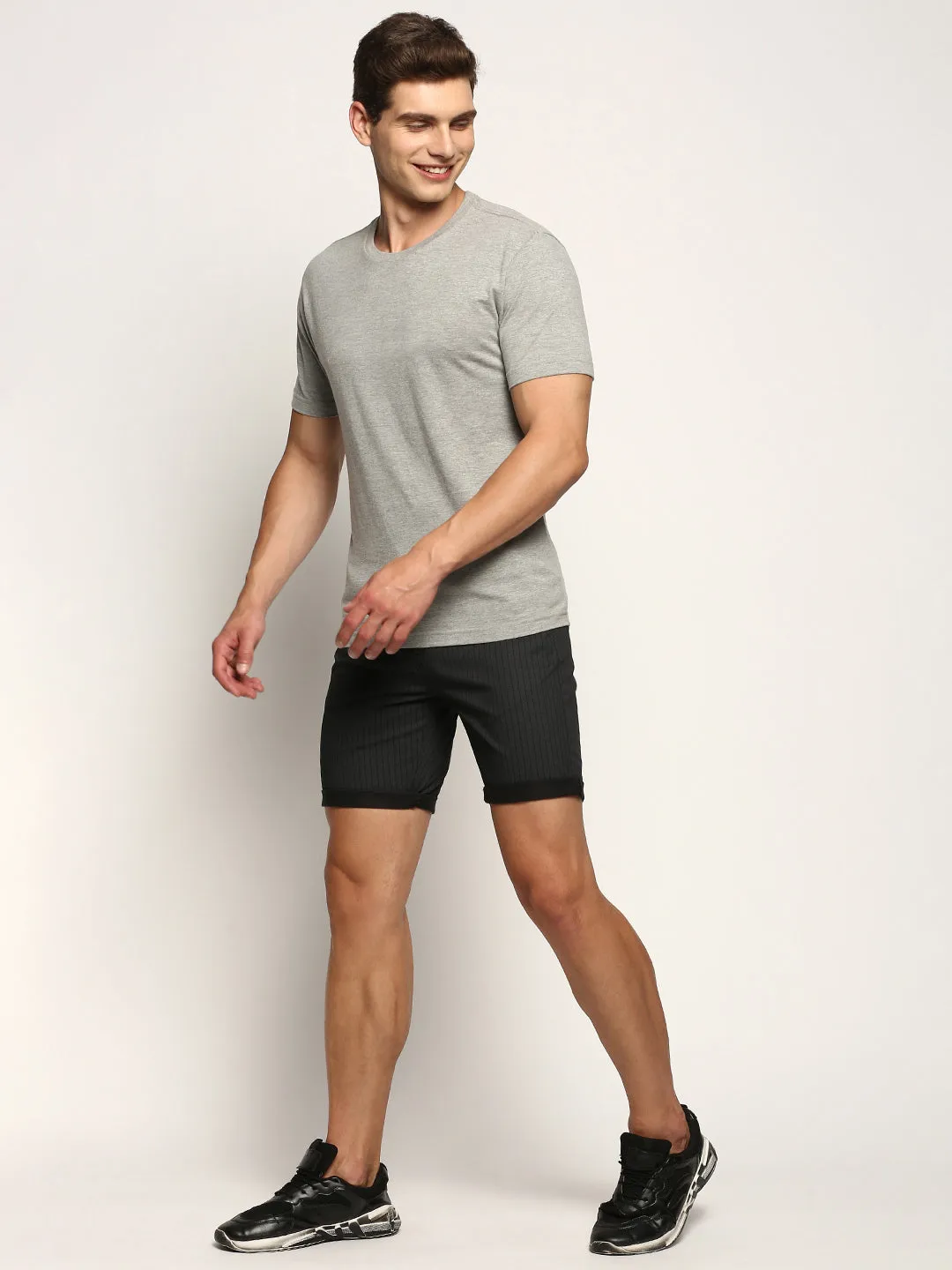 Sport Performance Formal Occasion Men's Dark Grey Striped Mid Rise Cotton Shorts