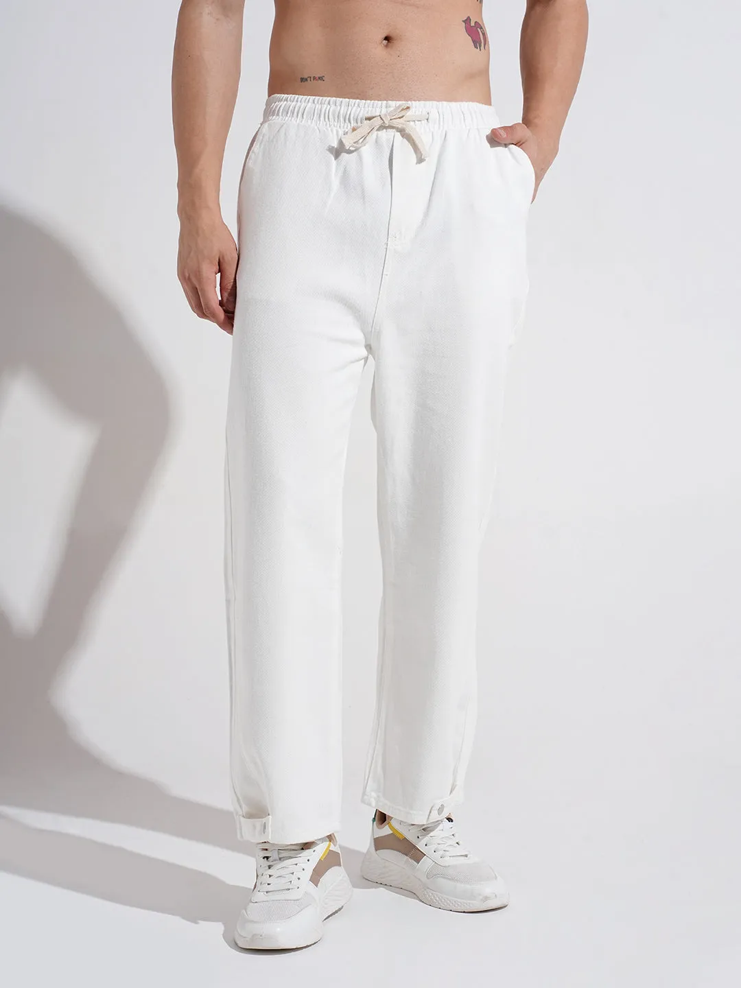 Men's Denim White Regular Fit Trousers TaglessLabel