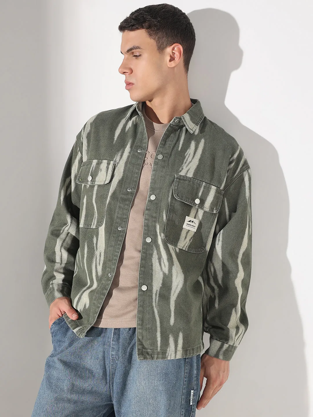 Casual Style Wear Men's Dyed Green Denim Shacket