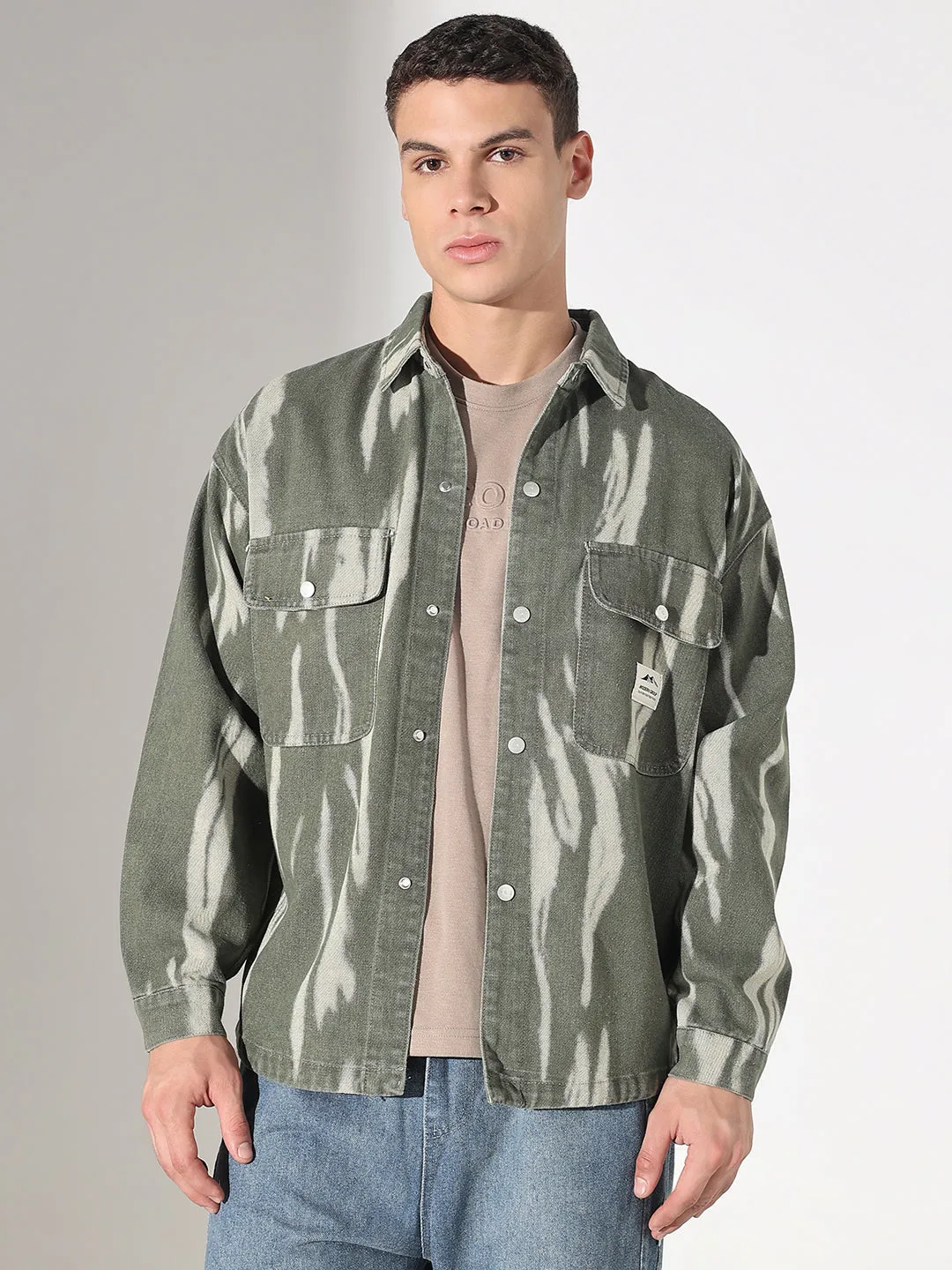 Teenager fashion Versatile Fit Men's Dyed Green Denim Shacket