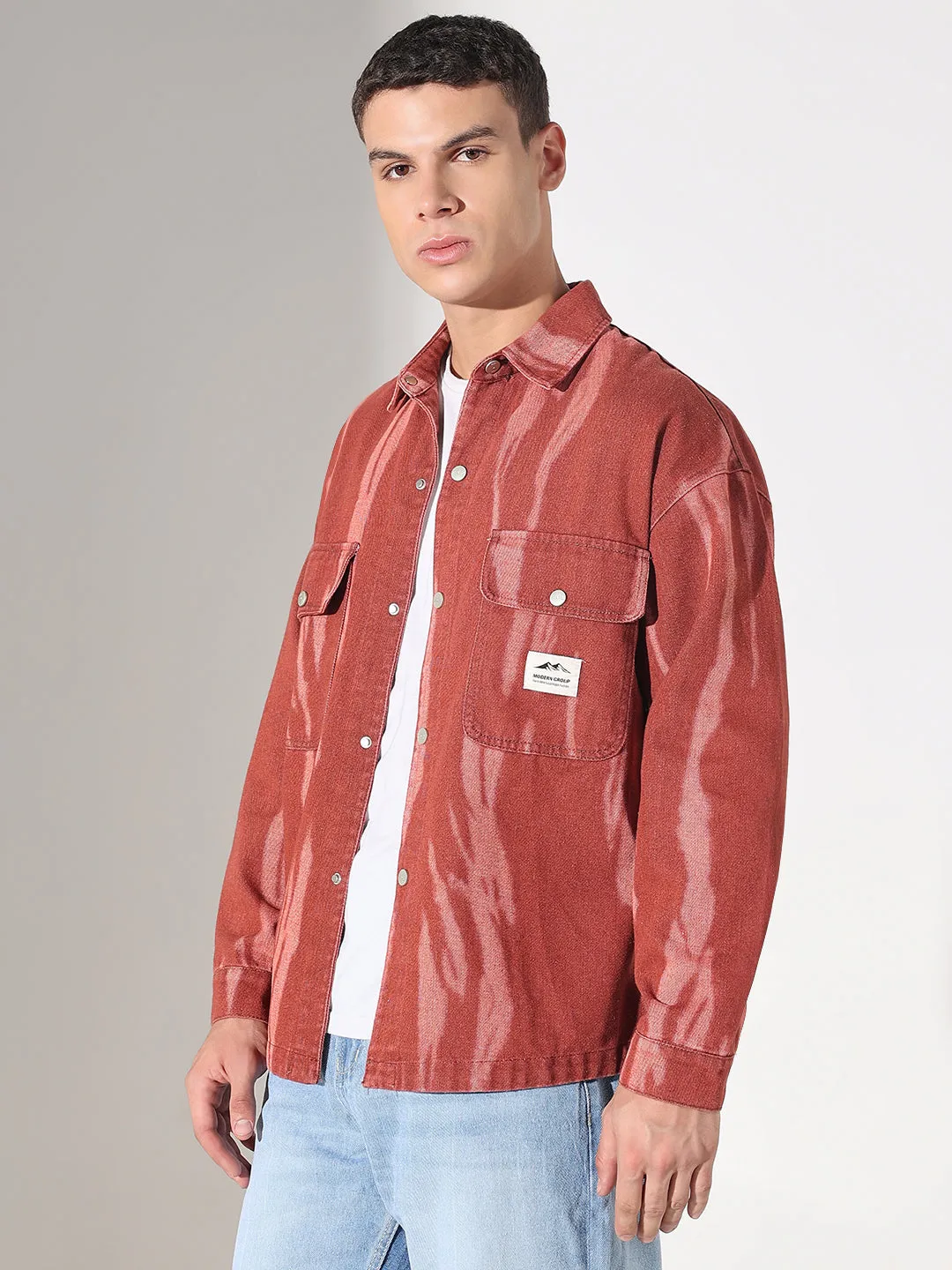 Men's Dyed Red Denim Shacket Anti-static