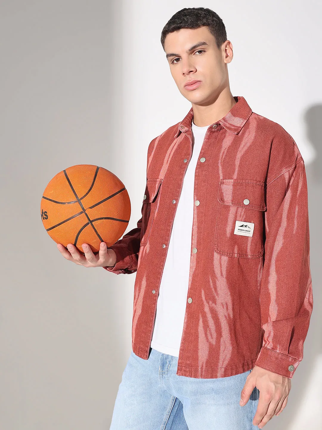 Men's Dyed Red Denim Shacket Seasonal Layering Outdoor Outfit Style