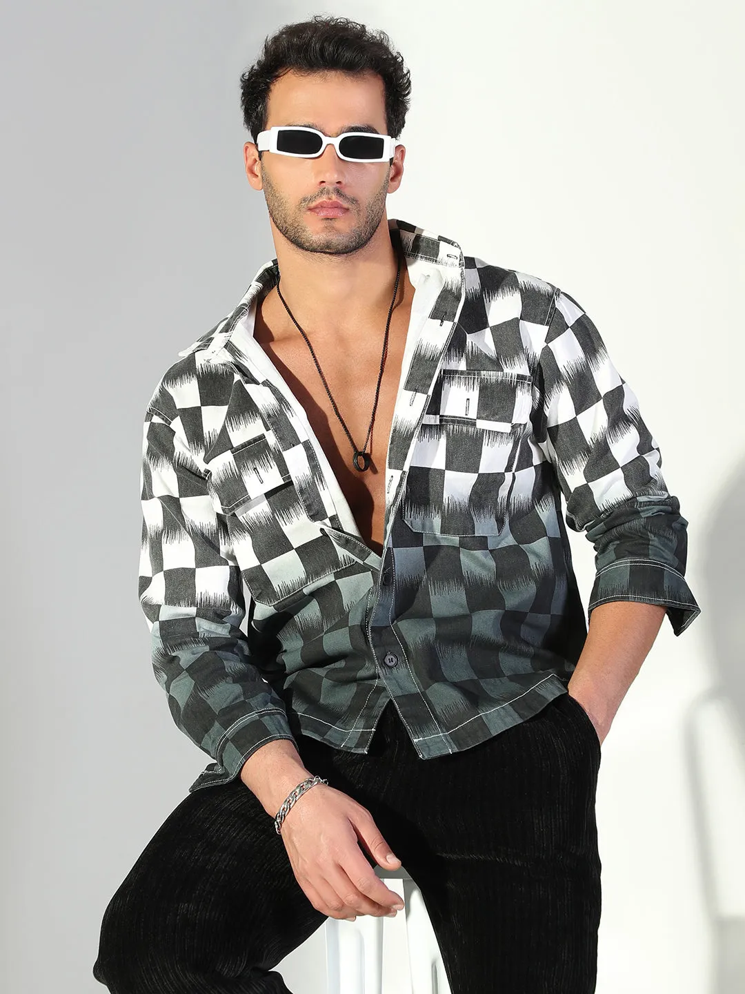 Men's Geometric Grey & White Shacket Comfy Casual