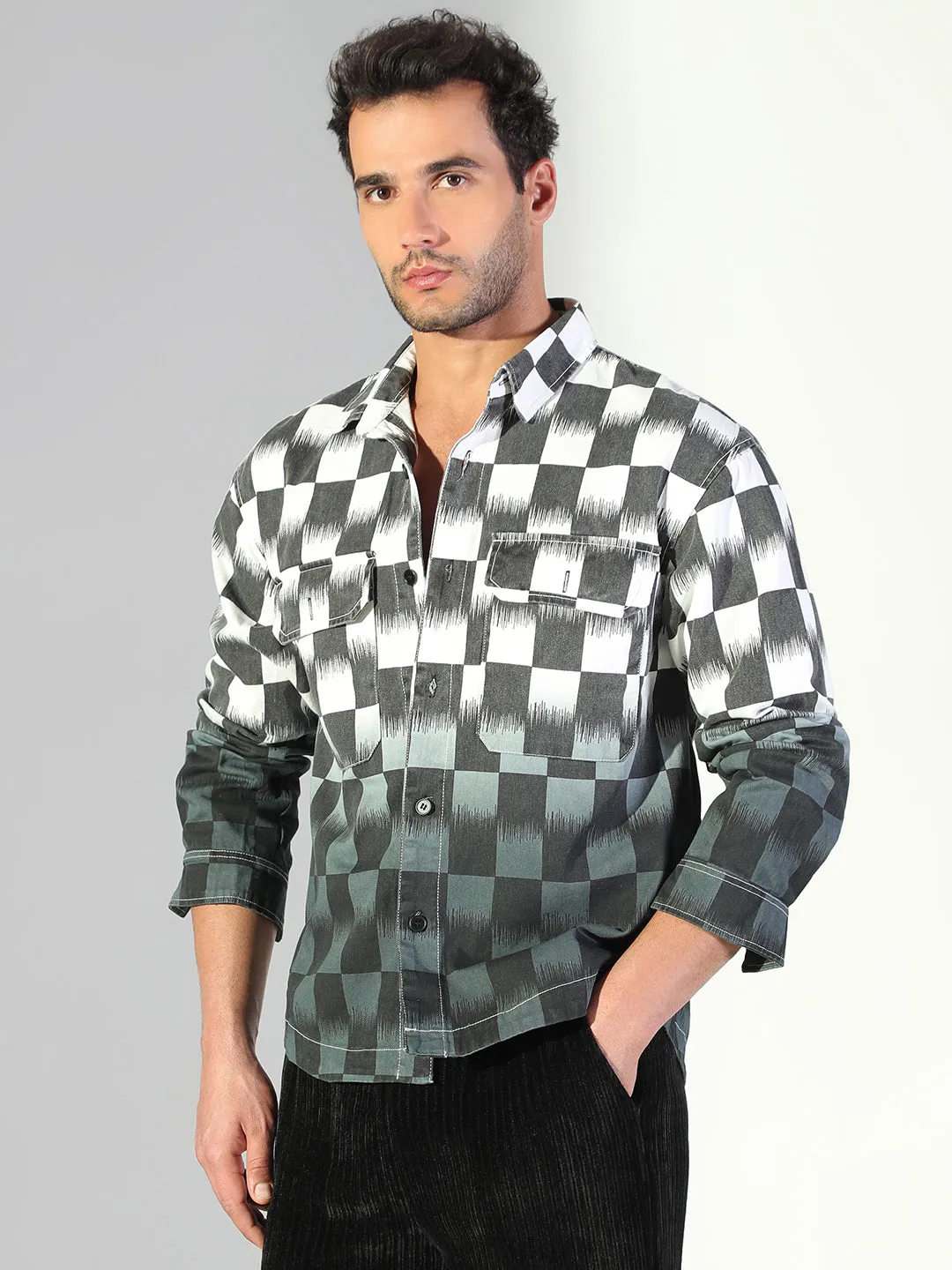 Heathered Fabric Men's Geometric Grey & White Shacket