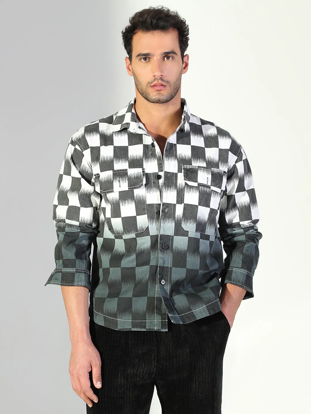 Glossy Look Men's Geometric Grey & White Shacket