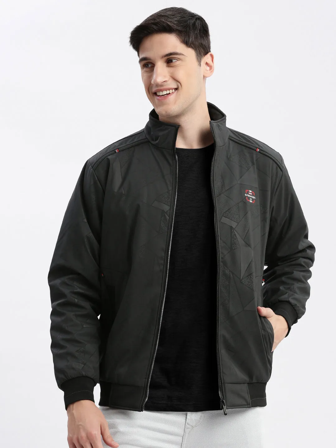 Reinforced Elbows Softshell Material Men's Geometric Mock Collar Grey Bomber Jacket