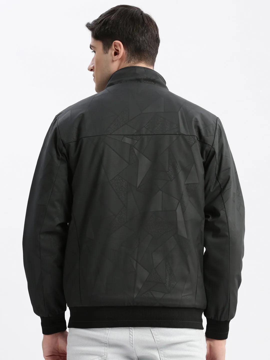 Men's Geometric Mock Collar Grey Bomber Jacket Eco Friendly Padding