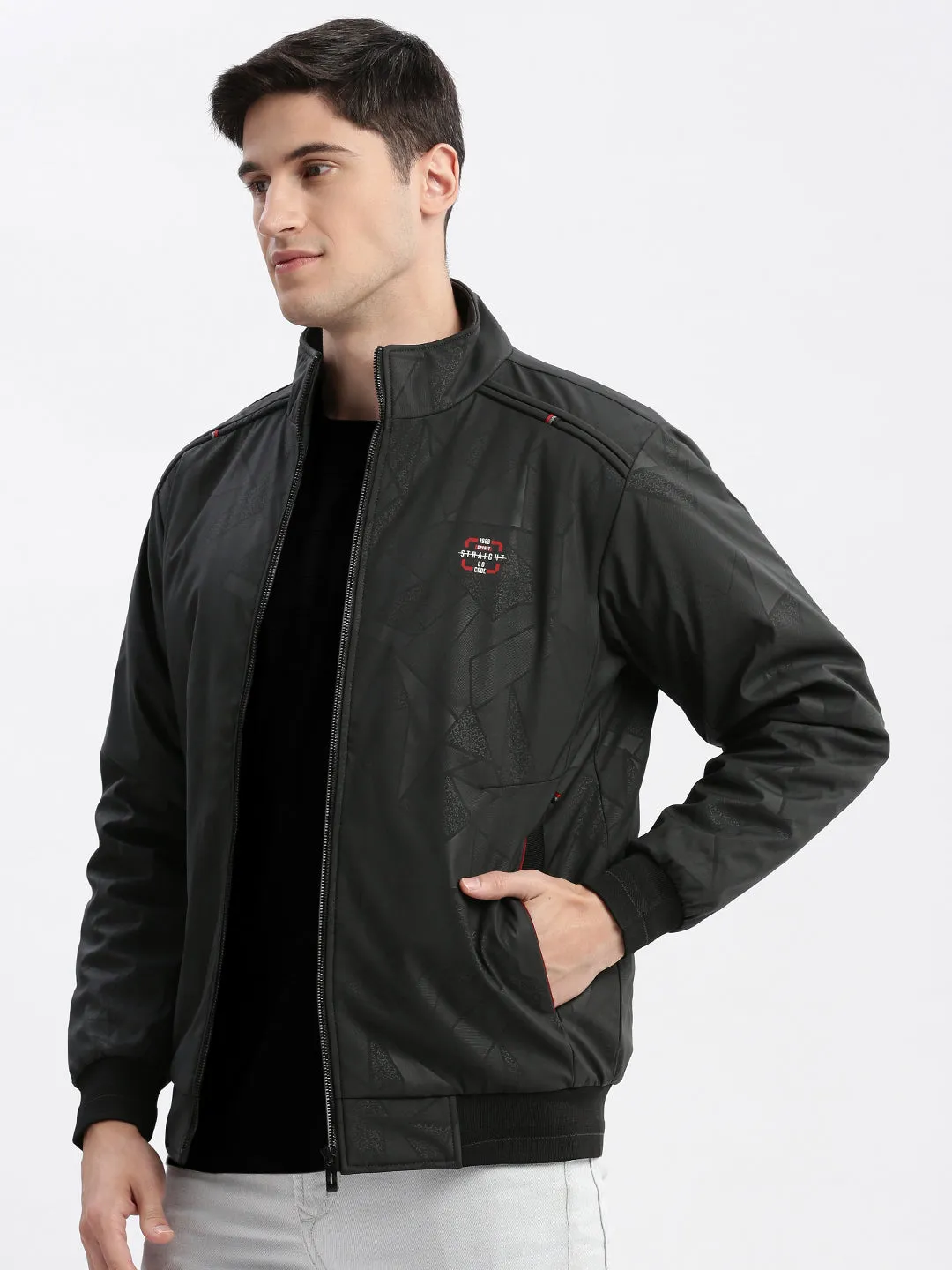 Men's Geometric Mock Collar Grey Bomber Jacket Stretch Material Windproof Closure