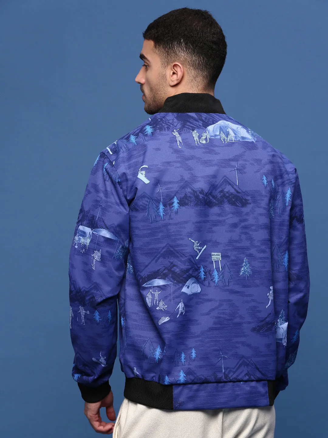Men's Graphic Blue Bomber Jacket Stormproof Zipper