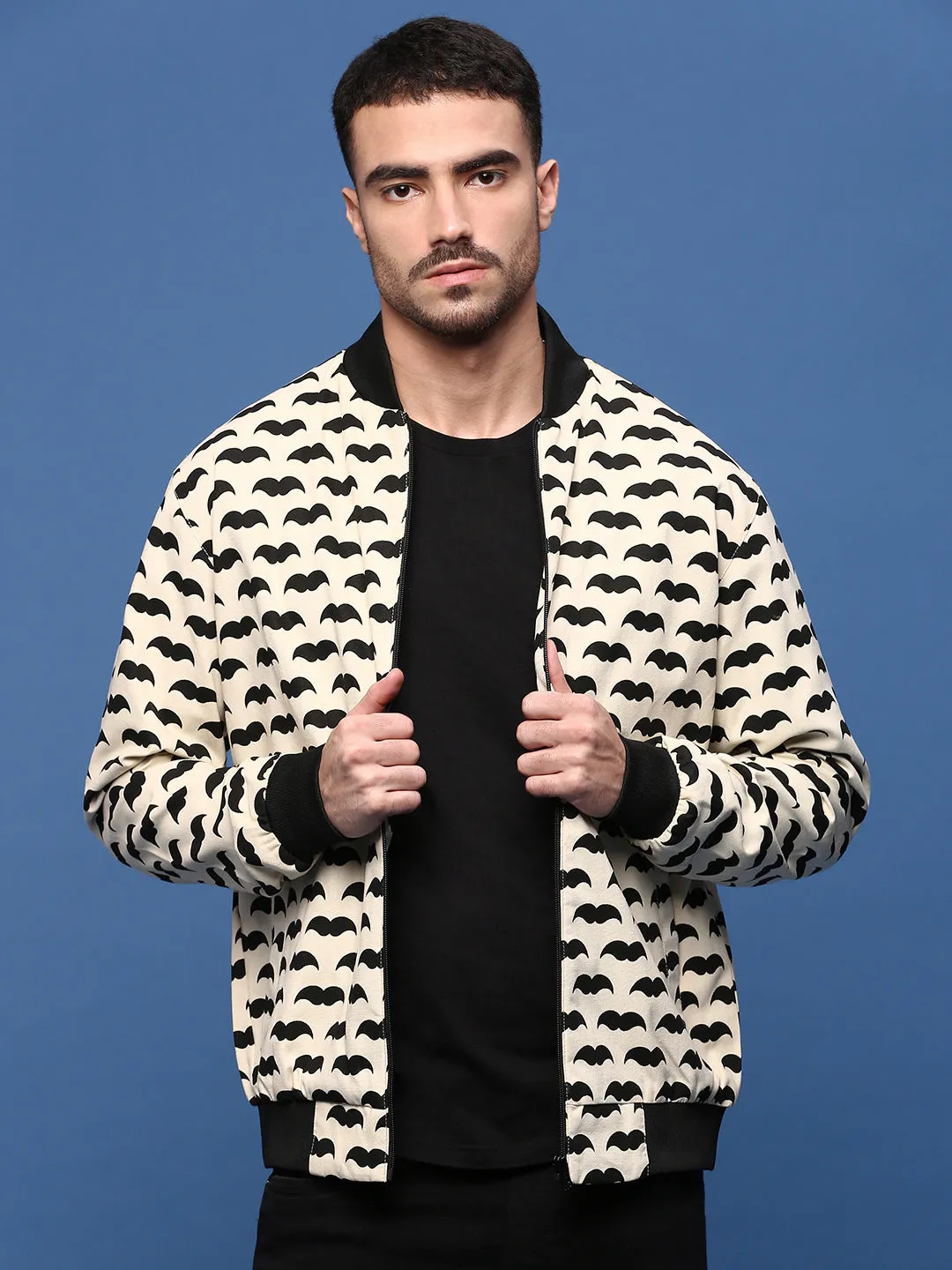 Winter Layering Piece Men's Graphic Cream Bomber Jacket