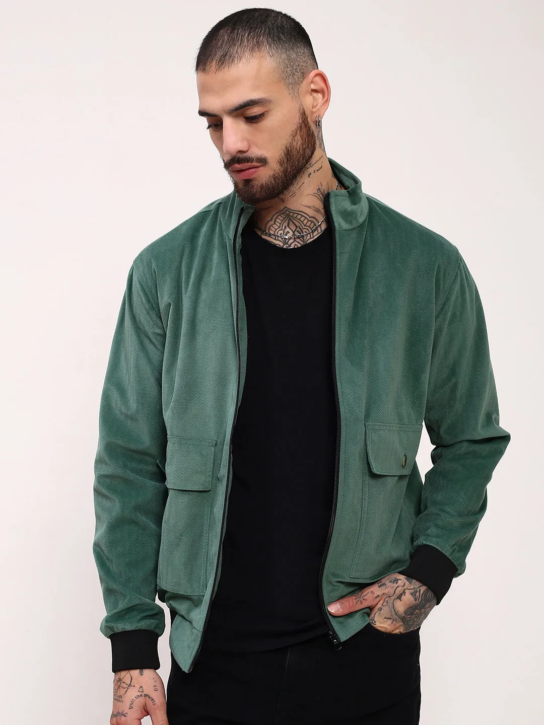 WaterResistant Coating Men's Green Solid Bomber Jacket