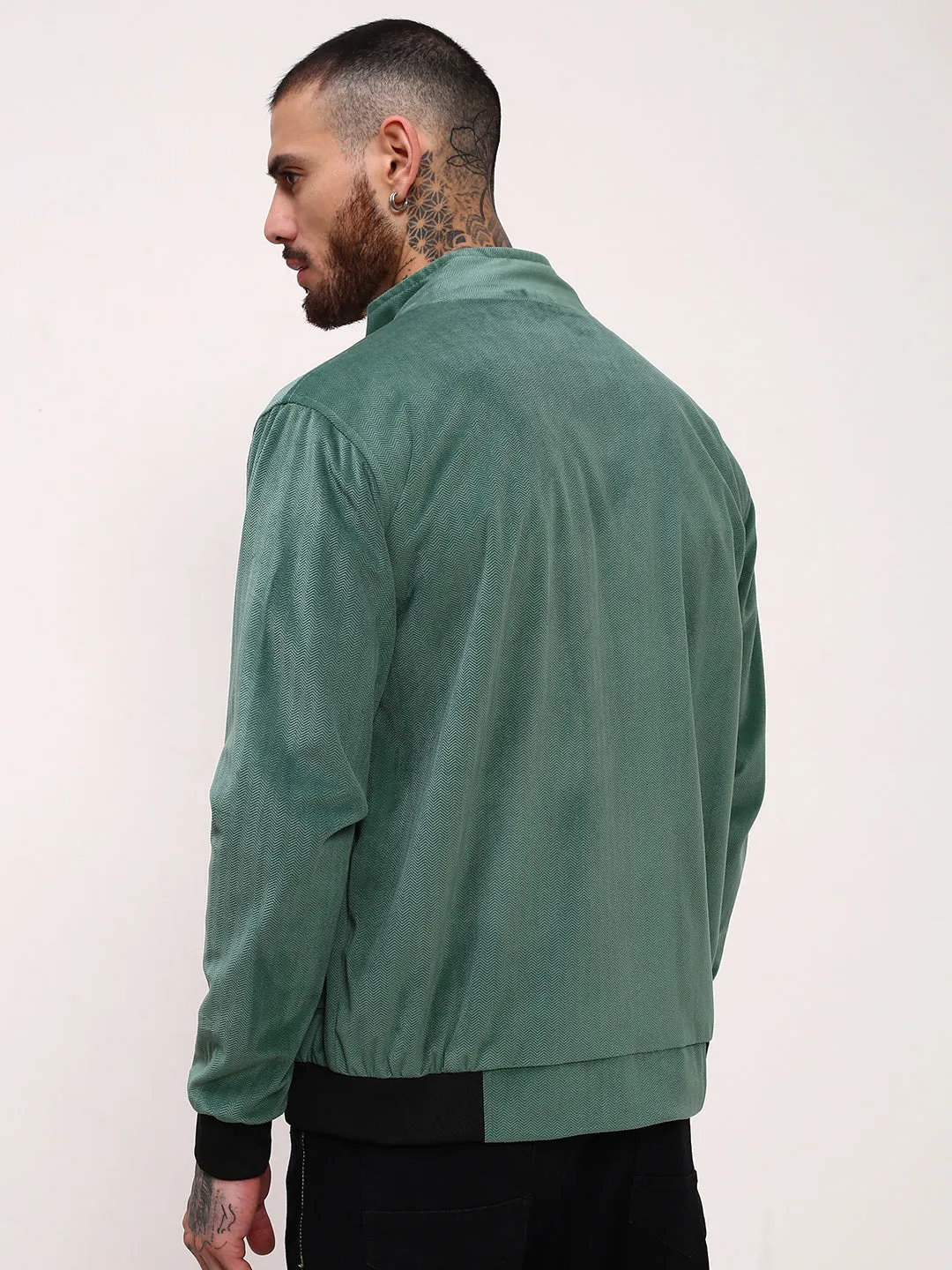 Stretch Comfort Fit Men's Green Solid Bomber Jacket