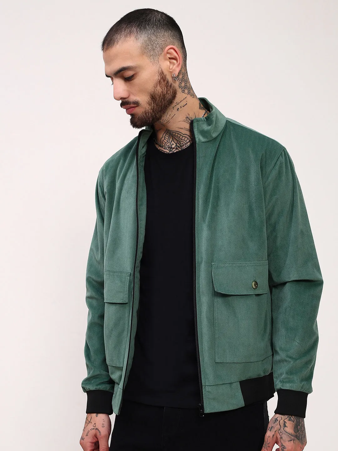 Cozy Design Friction Reducing Lining Men's Green Solid Bomber Jacket