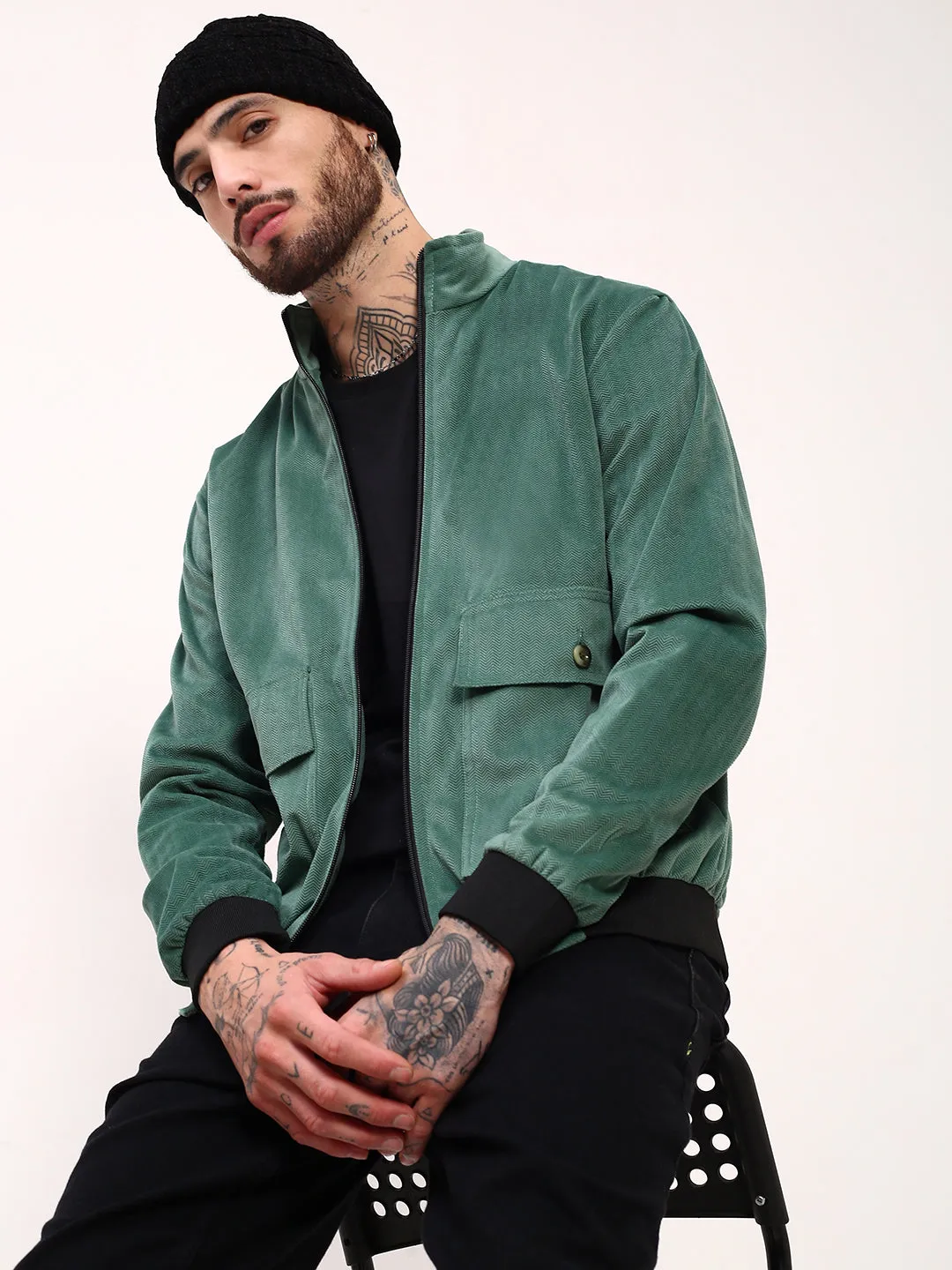 Magnetic Fasteners Men's Green Solid Bomber Jacket