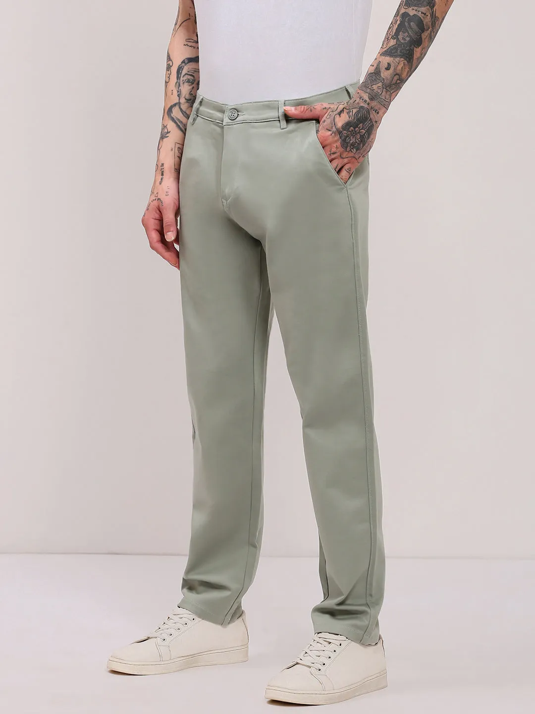 Tagless label Men's Green Solid Flat-Front Slim-Fit Trousers