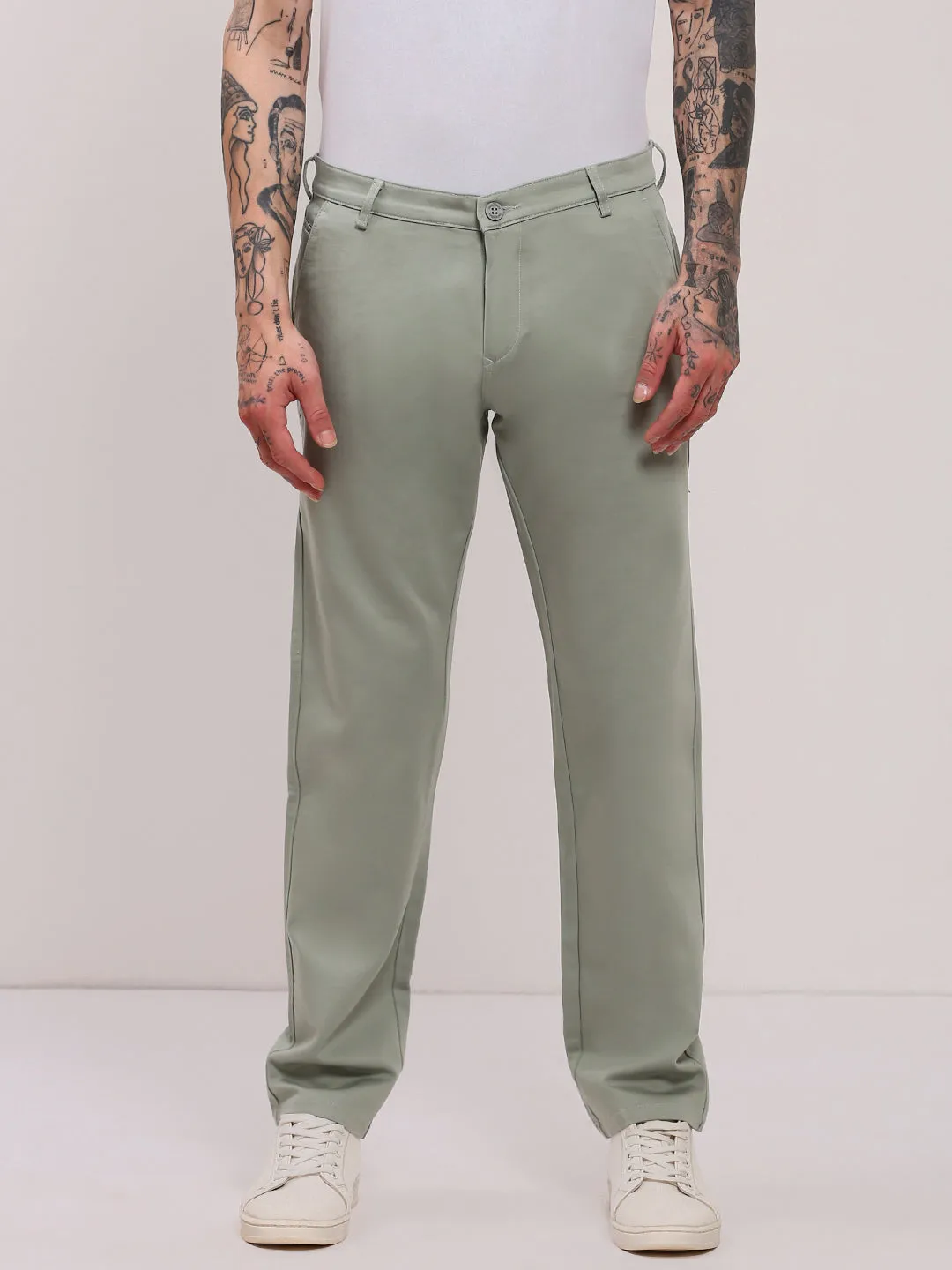 Men's Green Solid Flat-Front Slim-Fit Trousers Relaxed Comfort Fit Breathable layers