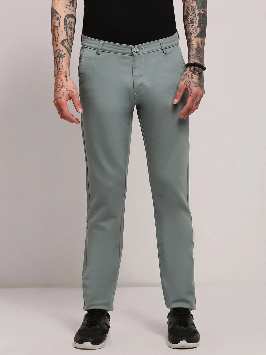 Breathable Motion Essential Comfort Men's Green Solid Flat-Front Trousers