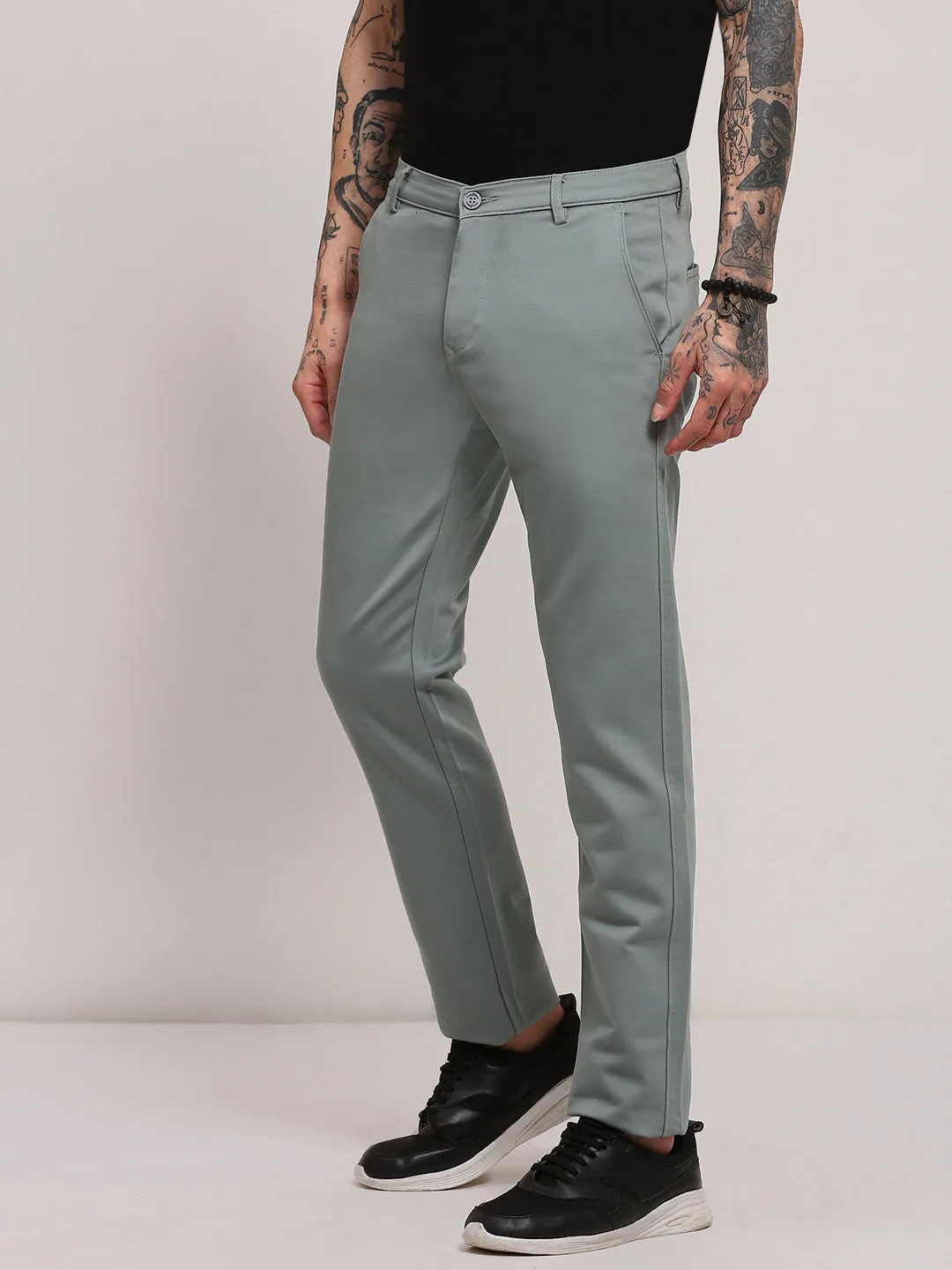 Men's Green Solid Flat-Front Trousers Relaxed fit wear Double Layered Hem