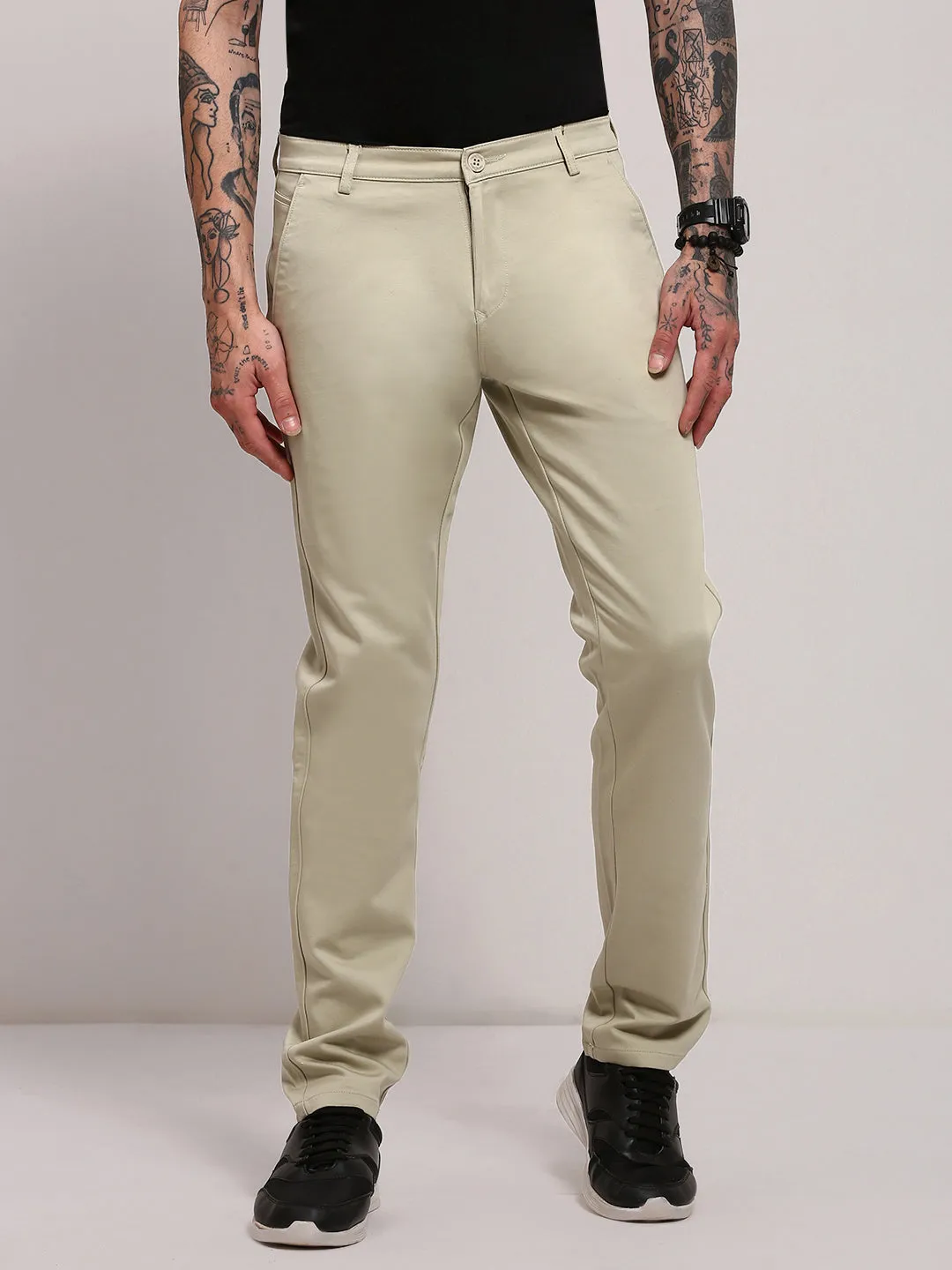 Stretchable Fabric Men's Green Solid Slim-Fit Cotton Trousers