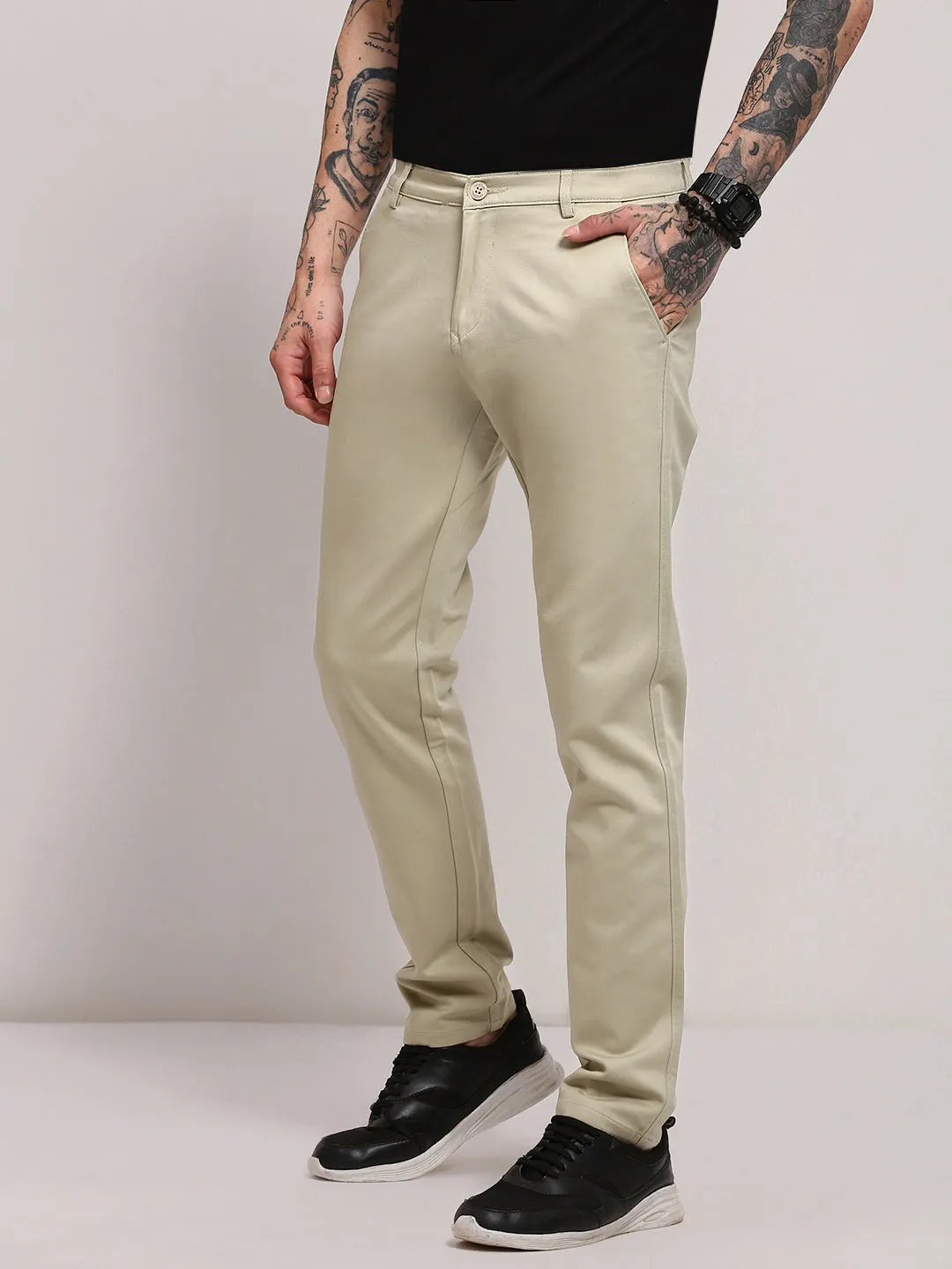 Soft Brushed Lining Active Performance Men's Green Solid Slim-Fit Cotton Trousers