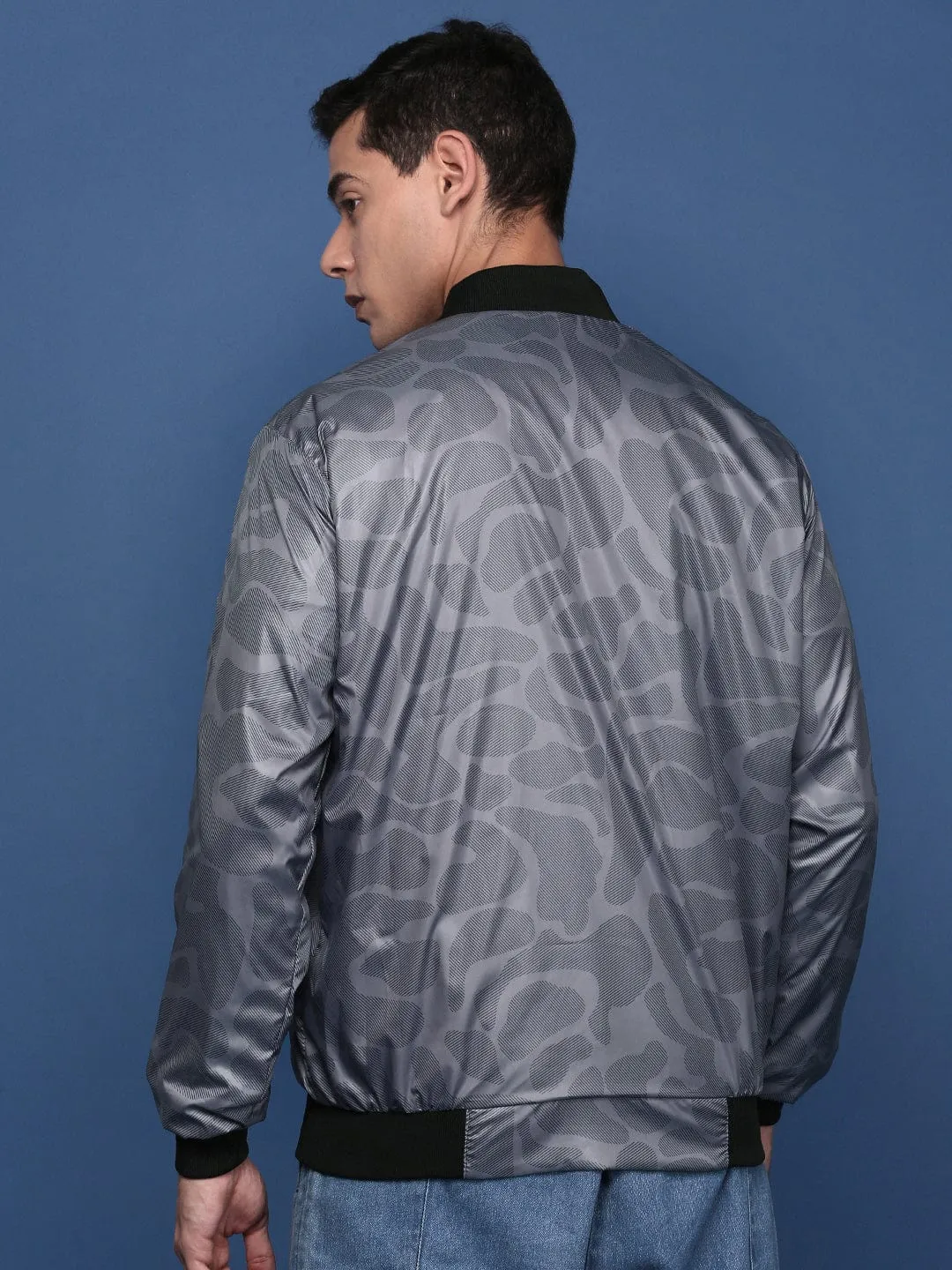Men's Grey Camouflage Checked Windcheater Bomber Jacket Statement Outerwear Outdoor Trip