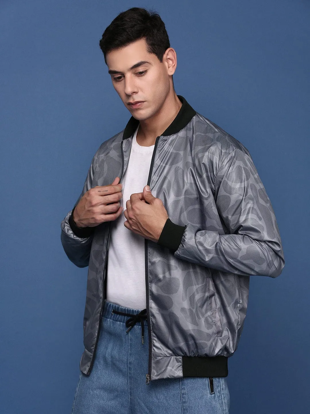 Men's Grey Camouflage Checked Windcheater Bomber Jacket Weatherproof Zipper Tech Abrasion Resistant Surface