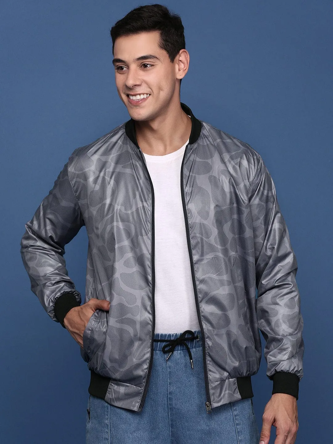 Softshell Technology Double Layered Hood Men's Grey Camouflage Checked Windcheater Bomber Jacket